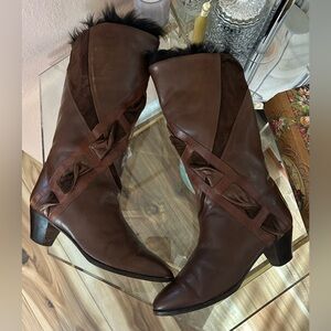 RARE Vintage 1970’s Vero Cuoio Leather Fur Brown Heeled Boots Size 9.5